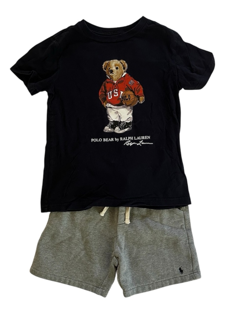 Polo by Ralph Lauren Boy’s Navy Polo Bear Graphic Tee and Gray Shorts Set